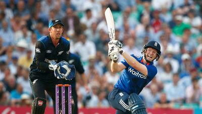 Eoin Morgan of England plays a shot against New Zealand in their one-day international match on Friday at The Oval. Julian Finney / Getty Images / June 12, 2015