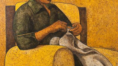 Louay Kayyali. Sewing Woman, 1974. Mixed media on masonite, 75 x 94.5 cm. Image courtesy of Barjeel Art Foundation, Sharjah.