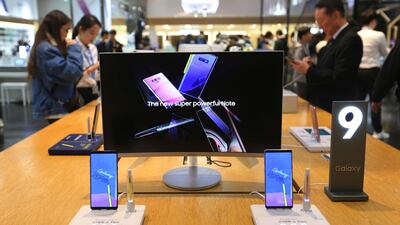 Samsung Electronics' Galaxy Note9 smartphones are displayed at its shop in Seoul, South Korea. AP