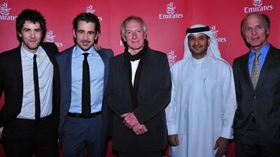 The cast of the film The Way Back at the Dubai International Film Festival (from left to right): Jim Sturgess, Colin Farrell, director Peter Weir, Adel Al Redha, executive vice-president, Emirates. and Ed Harris.