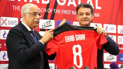 Ehab Galal poses with Egyptian Football Association president Gamal Allam on his appointment in May. EPA