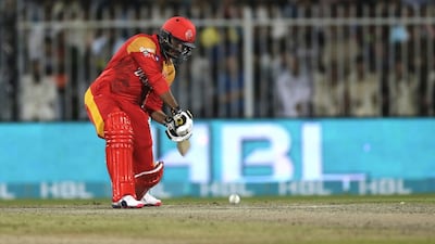 Sharjah, United Arab Emirates - February 10, 2016. Sharjeel Khan ( no 98 of Islamabad United ) bats against the Lahore Qalandars at their ongoing Pakistan Super League tournament. ( Jeffrey E Biteng / The National ) Editor's Note; ID 46337