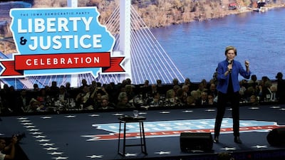 Democratic presidential candidate Sen. Elizabeth Warren speaks during the Iowa Democratic Party's Liberty and Justice Celebration in Des Moines, Iowa. AP
