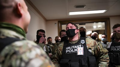 Members of the National Guard meet at the Dirksen Senate Office Building in Washington, DC. Reuters