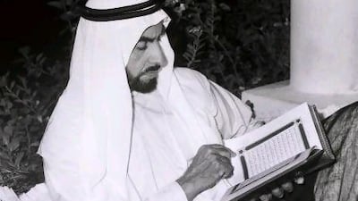 Sheikh Zayed reading the Quran during Ramadan. The announcement takes place on the anniversary of Sheikh Zayed's Accession Day - the day he assumed leadership in Abu Dhabi on August 6, 1966, marking the start of a new epoch in the history of the UAE. Courtesy of Al Ittihad