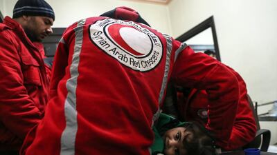A girl receives treatment at a Red Crescent centre in Douma, Syria after being injured in the government's third consecutive day of bombing of the besieged rebel-held Eastern Ghouta region near Damascus on February 7, 2018. Mohammed Badra / EPA