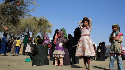 Displaced Yemenis gather at a camp for Internally Displaced Persons amid a UN-brokered nationwide truce, on the outskirts of Sana'a. EPA