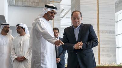 Sheikh Mohamed and President Sisi inspect projects at Al Alamein city. Rashed Al Mansoori / Ministry of Presidential Affairs