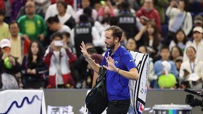 Daniil Medvedev gestures to fans after his disqualification from the China Open. Getty Images