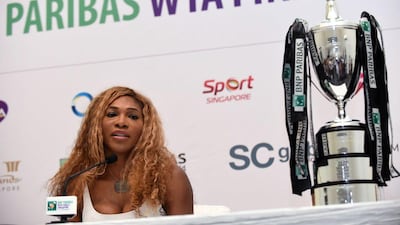 Serena Williams answers questions at a press conference ahead of the WTA Finals in Singapore on Sunday. Roslan Rahman / AFP / October 19, 2014