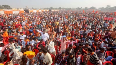Crowds gather for a rally to demand the construction of a Ram temple in Ayodhya, India. AP