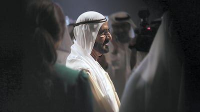 Sheikh Mohammed bin Rashid, Vice President and Ruler of Dubai, drew the infinity sign of the bridge on an electronic screen at the event. (Satish Kumar for the National)