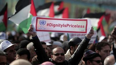 Thousands of UNRWA employees demonstrate in support of the agency following US funding cuts, in Gaza City on January 29, 2018. Khalil Hamra / AP