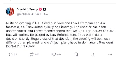 US President Donald Trump posted this message after the shooting at the WHCA dinner on April 25, 2026.