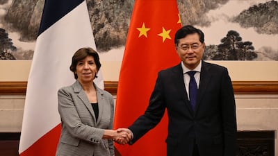 French Foreign Minister Catherine Colonna and Chinese Foreign Minister Qin Gang at the Diaoyutai State Guesthouse in Beijing. Getty Images