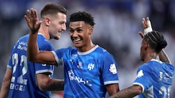 Ollie Watkins celebrates after scoring on his Al Ahli debut against Al Ahli. Getty Images