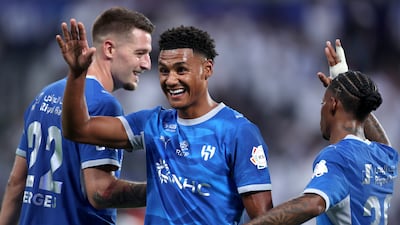Ollie Watkins celebrates after scoring on his Al Ahli debut against Al Ahli. Getty Images