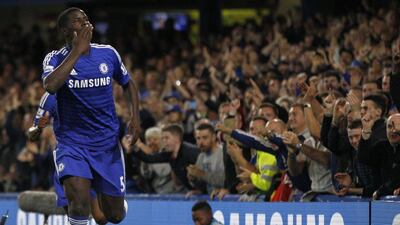 Chelsea’s French defender Kurt Zouma celebrates scoring the opening goal in their League Cup victory on Wednesday night. Ian Kington / AFP / September 24, 2014