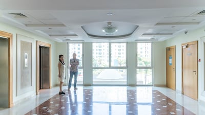 The elevator lobby at Shoreline Apartments.