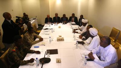 Members of the Sudanese Military Council and the protest movement the Alliance for Freedom and Change meet at the Corinthia Hotel in the capital Khartoum on July 3, 2019. AFP