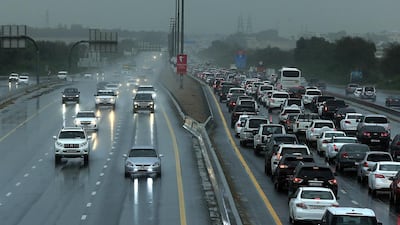 Traffic congestion in Dubai due to rainfall. Satish Kumar / The National