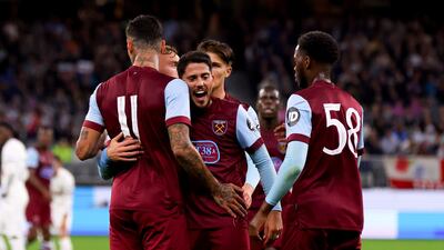 Gianluca Scamacca, left, celebrates with Pablo Fornals after scoring West Ham's third goal. Getty