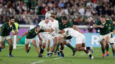 South Africa's Eben Etzebeth runs with the ball during the Rugby World Cup final. AP Photo