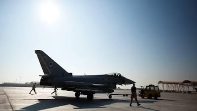 An RAF Eurofighter Typhoon taxis on the runway at Al Dhafra Air Base. The UAE used F-16 and Mirage aircraft during the manoeuvres, which grew more complex during the two-week operation.