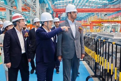 Dr Sultan Al Jaber, the UAE Minister of Industry and Advanced Technology and Adnoc's managing director and group chief executive, tours the facilities at Jiangnan Shipyard. Photo: Adnoc L&S