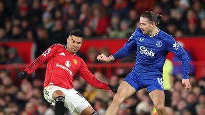 Casemiro of Manchester United, left, in action against Jack Grealish of Everton. Reuters