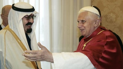 The former Pope Benedict XVI welcomes Saudi Arabia’s King Abdullah at the Vatican in November 2007. Chris Helgren / AP Photo