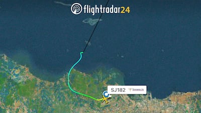 This radar image shows the flight path of Indonesian Sriwijaya Air Flight 182 before it dropped off radar. Flightradar24.com via AP