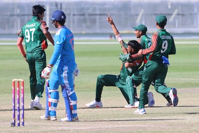 Bangladesh players celebrate the wicket of India batter Vaibhav Sooryavanshi. CREIMAS for Asian Cricket Council