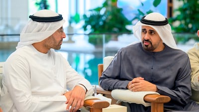 Sheikh Theyab bin Mohamed, Chairman of the Office of Development and Martyrs Families Affairs at the Presidential Court, and Mohamed Al Mubarak, Chairman of the Abu Dhabi Department of Culture and Tourism