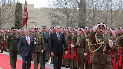 Norway's King Harold, reviews an honour guard at the Husayniyah Palace, in Amman, Jordan. AP Photo