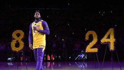 LeBron James speaks during the Los Angeles Lakers pregame ceremony to honor Kobe Bryant before the game against the Portland Trail Blazers. Getty Images