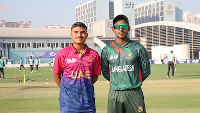 UAE captain Aayan Afzal Khan with Bangladesh skipper Mahfuzur Rahman before the game.