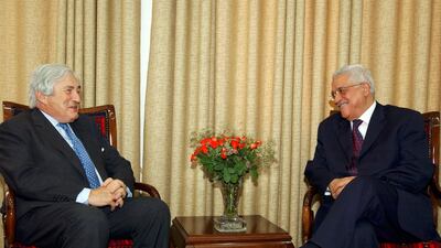 Palestinian President Mahmoud Abbas meets Wolfensohn in Gaza city on July 30, 2005. Getty Images