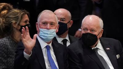 Former US vice presidents Dan Quayle and Dick Cheney attend the funeral service. Reuters
