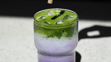 Nette has combined ube and matcha flavours in a colourful latte. Photo: Nette