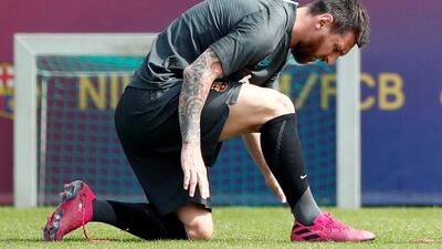 Barcelona's Lionel Messi during training at Ciutat Esportiva Joan Gamper, Barcelona, Spain ahead of Barca's trip to Germany to face Borussia Dortmund in the Champions League. Reuters
