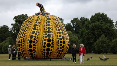 Japanese artist Yayoi Kusama's sculpture 'Pumpkin' in Kensington Palace Gardens in London. Reuters