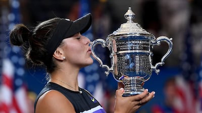 Bianca Andreescu kisses the US Open trophy after beating Serena Williams in the women's final. Reuters