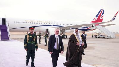 Mr Starmer arrives at King Khalid International Airport in Riyadh. Reuters