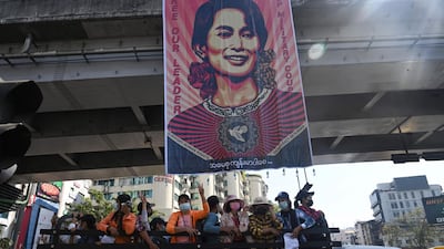 Protesters take part in a demonstration against the military coup in Yangon. AFP