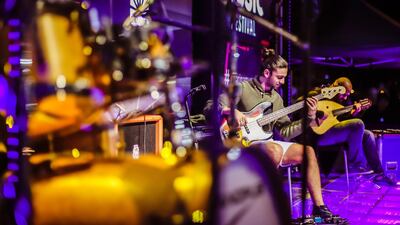 Anthony Mina (left) on bass and Usef Nader on the oud for the experimental fusion band, Noon. Courtesy Noon