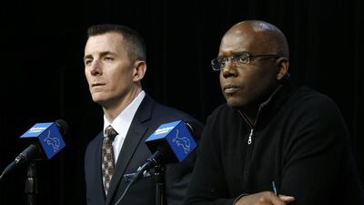 The Detroit Lions fired president Tom Lewand, left, and general manager Martin Mayhew on Thursday, Nov. 5, 2015. Lewand was in his 20th season with the Lions, and his sixth as president. Mayhew became the team's general manager early in the 2008 season when the team fired Matt Millen. (AP Photo/Paul Sancya)