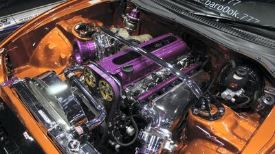 An engine with matching paintwork.