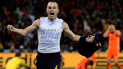 Andres Iniesta unveils his tribute after scoring for Spain during the World Cup final against Holland this summer.