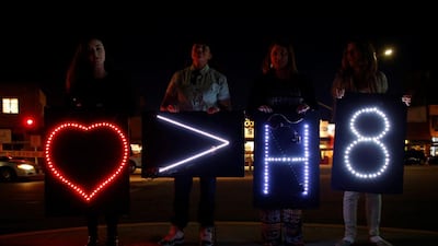 People hold up signs in solidarity at a candlelight vigil in remembrance for mass shooting victims in Orlando, from San Diego, California. Mike Blake / Reuters